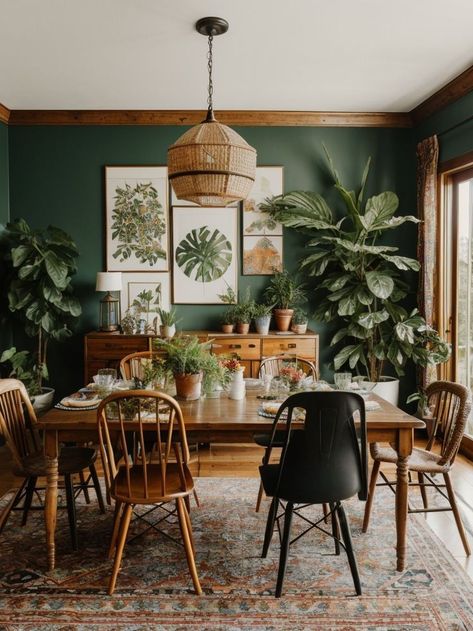 Boho Dining Room, Green Dining Room, Garden Retreat, Interior Design Per La Casa, Victorian Garden, Green Walls, Dining Room Inspiration, Boho Living Room, Eclectic Home