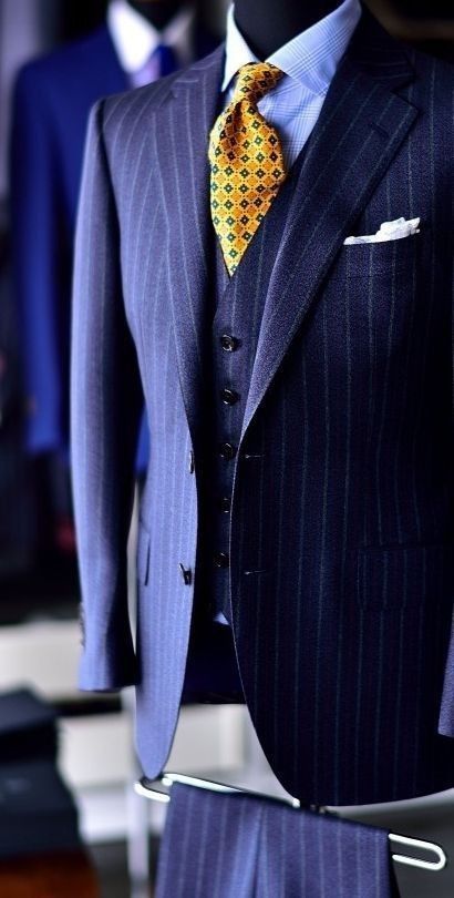 Blue Pinstripe Suit Men, Navy Blue Pinstripe Suit, Nice Suits, Men Suits Blue, Blue Pinstripe Suit, Expensive Suits, High Collar Shirts, Dapper Suits, Mens Dress Outfits