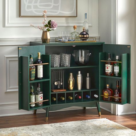 [SponsoredPost] Update Your Home With The Mid-Century Modern Look Of This Killian Bar Cabinet By Lifestorey. The Rich Walnut, Black Or Green Finish And Brass Accents Evoke A Sophisticated And Contemporary Aura, While The Wood And Veneer Offer Reliable Functionality. #midcenturybarcabinet Bar Cabinet Decor, Mid Century Bar Cabinet, Wine Glass Storage, Mid Century Modern Bar, Built In Wine Rack, Home Bar Cabinet, Side Shelf, Inside Doors, Mid Century Bar