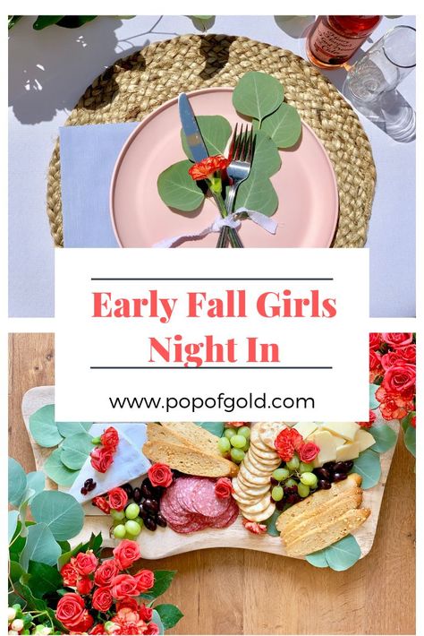 Early Fall Girls Night In Fall Themed Girls Night In, Fall Girls Night In, Easy Table Setting, Fall Girls Night, Fall Backyard, Easy Table, Bachelor In Paradise, Party Styling, Stemless Champagne Flutes