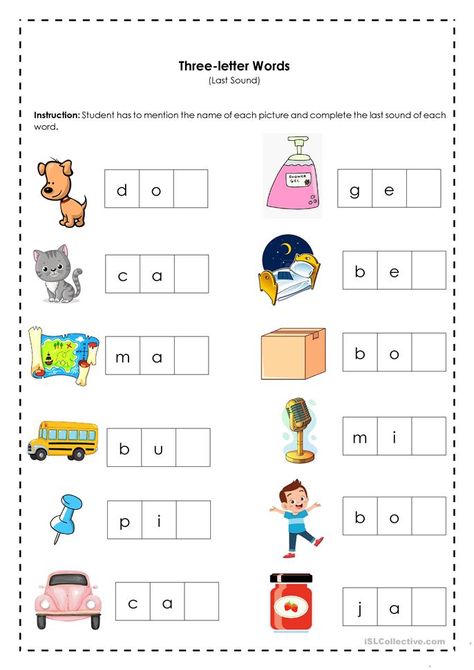 Three-letter Words (Last Sound) - English ESL Worksheets for distance learning and physical classrooms 3 Letters Words Worksheet, Final Sound Worksheet, 3letter Words Kids Worksheet, Make Words From Letters Worksheet, 3 Letter Word Activities, English 3 Letter Words Worksheets, 2 Letter Words Worksheets, 2 Letter Words Kids, Two Letter Words For Kids Worksheet