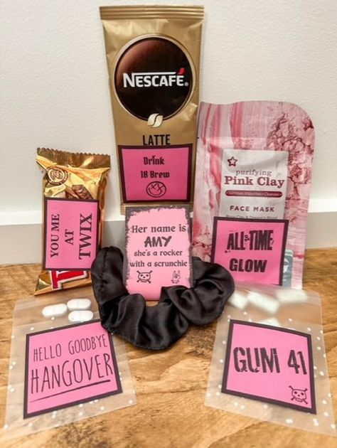 One for all the Elder Emo's out there! Feast your eyes on these Emo themed party favours - perfect gift for any Elder Emo who knows it was never just a phase, or as gifts for an Emo themed party.  In each bundle you will receive 1 of each of the following:  1.  'Gum 41' - chewing gum filled bags 7cm x 7cm  2. 'Hello Goodbye Hangover' - Paracetamol bags 7cm x 7cm (Paracetamol not included) 3.  'You Me at Twix' - mini twix bar 4.  'All Time Glow' - 1 beauty mask (selected at random) 5. 'Drink 182'  - Instant coffee sachet 6. Black 'rocker with a scrunchie' personalised scrunchie (selected at random) There is also the option for the above without contents - you will receive the stickers, scrunchie label and bags only. Avril Lavigne Party Theme, Bachelorette Favors Diy, Coffee Sachet, Emo Party, Emo Gifts, Elder Emo, Twix Bar, Hello Goodbye, Bachelorette Favors