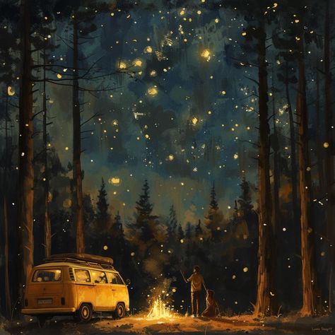 This enchanting oil painting depicts a starry night scene in a serene forest, featuring a classic Volkswagen camper nestled among the trees. The rich, deep hues of the night sky, adorned with shimmering stars, create a magical atmosphere that captures the essence of camping under the stars. This beautiful artwork is perfect for adding a touch of whimsy and adventure to your art collection, making it an ideal centerpiece for an accent wall. Original painting one of a kind. Size: 36x48 inches. Med Nighttime Forest Painting, Forest At Night Painting, Night Forest Painting, Starry Painting, Camp Painting, Nighttime Forest, Starry Sky Painting, Painting Stars, Ipad Backgrounds