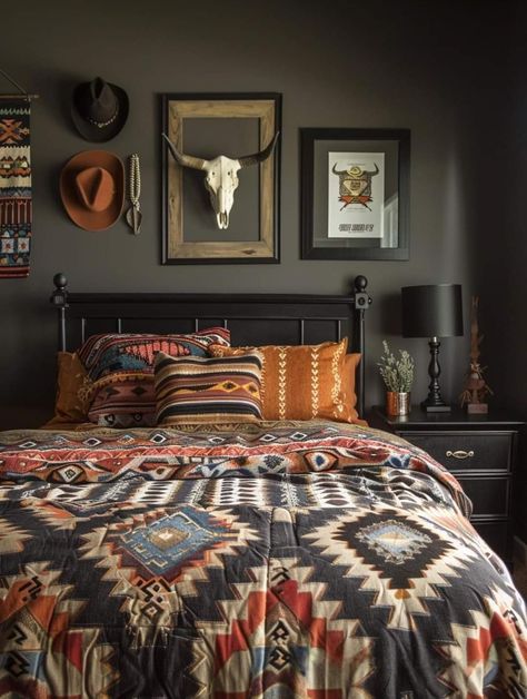 Aztec Theme Bedroom, Western Makeup Room, Mens Western Bedroom Ideas, Western Room Colors, Teen Boy Western Bedroom, Western Theme Room Decorating Ideas, Western Bedrooms Ideas, Cowboy Room Aesthetic, Small Western Bedroom