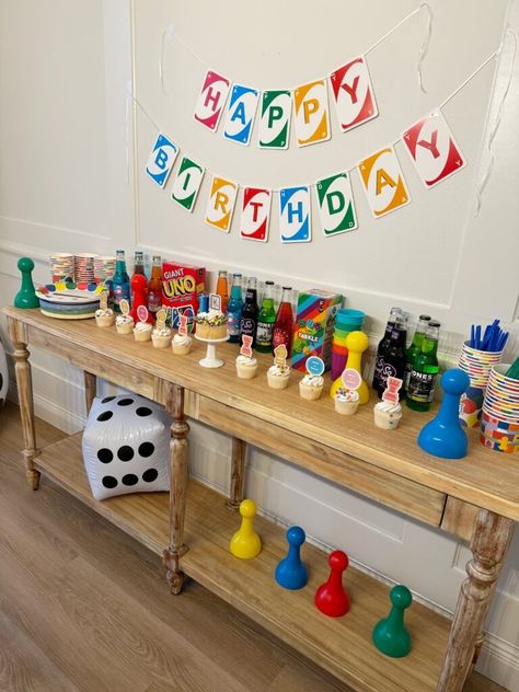 Game night Birthday Party, and I am not talking about video games lets bring back board games and all the fun! Board Game Theme Party Favors, Retro Game Night Party Ideas, Game Night Theme Party Decorations, Sweet 16 Game Night Theme, Family Game Night Decor, Games Night Party Ideas, Board Game Prom, Kids Board Game Birthday Party, Game Night Birthday Party Ideas For Adults