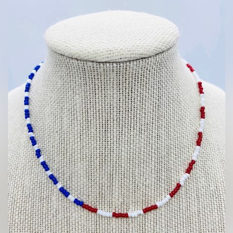 Red, White, Blue Flag Beaded Necklace New With Tag (Nwt) Handcrafted & From A Small Boutique Perfect Patriotic Necklace Looks Great Paired With Other Necklaces 14 Inches Long With A 1.5 Inch Adjustable Extender Chain Lobster Claw Closure This Is A Trendy Piece That May Tarnish When Exposed To Moisture, Oils, Salts, & Acids As It Is Made With Non-Precious Stones & Metals Bracelet Stack In Pictures Is Listed Separately In My Closet Beach Beaded Necklace, Necklaces Trendy, Amethyst Stone Necklace, Flag Beads, Ivory Necklace, Colorful Bead Bracelets, Summer Concerts, Czech Glass Necklace, Patriotic Jewelry