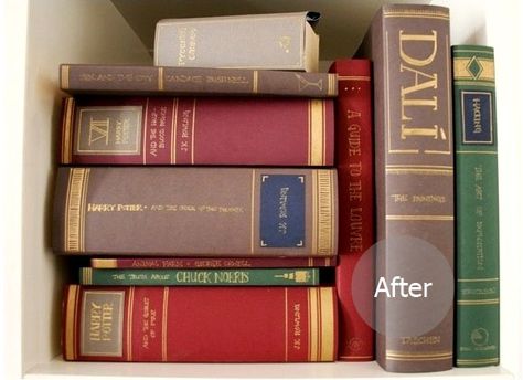 Make your own DIY book dust covers to hide unsightly books.  Tutorial at http://hydrangeagirl.blogspot.com/2011/08/before-and-after-deceptive-dust-covers.html  #dust #covers #books #diy #tutorial #make #create #craft #crafty Diy Vintage Books, Bookbinding Tutorial, Book Cover Diy, Vintage Book Covers, Miniature Books, Design Sponge, Diy Book, Diy Vintage, Crafty Diy