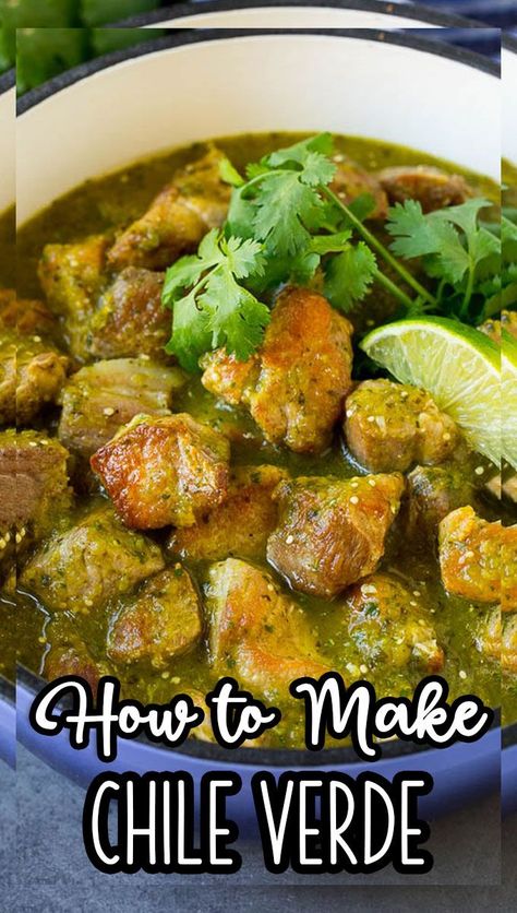 This chile verde is chunks of pork in a green tomatillo sauce, all simmered together until the meat is fall-apart tender. Authentic Pork Green Chili Recipe, Pork Chili Verde Stew, Green Chile Pork Tacos, Pork Chop Chile Verde, Carnitas Salsa Verde, Pork Tenderloin Chili Verde, Pork Green Chilli Recipes, Pork Tenderloin Green Chili, Homemade Chili Verde Pork