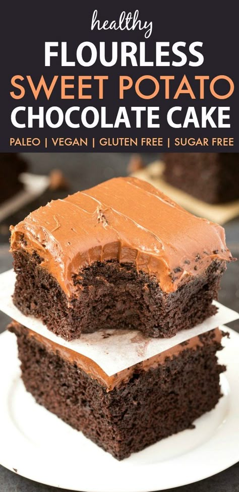 Healthy Flourless Sweet Potato Chocolate Cake (Paleo, Vegan, Gluten Free)- Moist, fudgy and dense, this easy one bowl cake recipe is perfect to enjoy dessert guilt-free with a hidden veggie! Sugar-free and dairy-free. | #healthy #healthycake #sugarfreerecipe #lowcarbrecipe #flourlesscake | Recipe on thebigmansworld.com Sweet Potato Chocolate Cake, Potato Chocolate Cake, One Bowl Cake, Sweet Potato Cake Recipe, Flourless Desserts, Sweet Potato Chocolate, Desserts Keto, Sweet Potato Cake, Flourless Cake