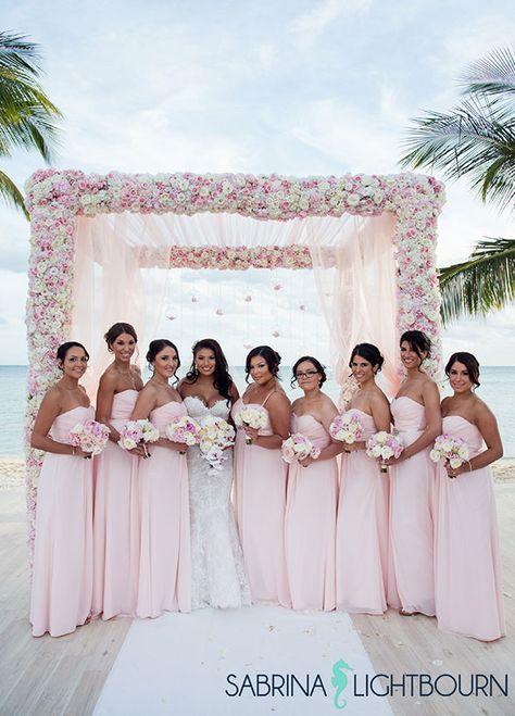 Baby Pink Bridesmaid Dresses Beach, Beach Wedding Bridesmaid Dresses Pink, Light Pink Wedding Decor, Bridesmaid Dresses Light Pink, Flower Mandap, Bridesmaid Dresses For Beach Wedding, Light Bridesmaid Dresses, Pink Tux, Flower Canopy