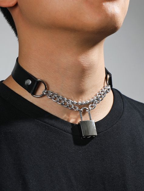 Black Fashionable   PU Leather  Chokers Embellished   Jewelry Male Choker, Rabid Dog, Choker Men, Choker Outfit, Lock Charm Necklace, Men Choker, Men's Brooch, Rose Choker, Choker Necklace Designs