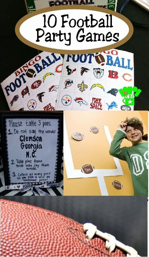 10 Football Party Games Featured at Kims Kandy Kreations Flag Football Party, Boys Football Party, Kids Football Parties, American Football Party, Football Party Games, Sports Party Games, Football Themed Party, Nfl Party, Football Theme Party