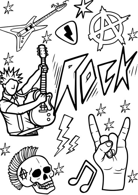 "2 Printable Coloring Pages-Punk Rock Music, Guitar Bank, Heavy Metal Rock Coloring Pages pdf -All Ages, Adults CUSTOMIZATION Different background colors are possible on most art prints. Please message me for a varying color. PLEASE NOTE 1. This is a digital download item. No physical item will be shipped. 2. The colors may vary slightly according to print style, device, or settings. 3. There are no returns or refunds on digital downloads. FILES You will receive 1 high quality PDF file (RGB, 600 Metal Drawings Music, Rock Doodles Drawing, Rock N Roll Art Drawing, Metal Drawing Music, Rock And Roll Coloring Pages, Punk Rock Drawings, Heavy Metal Drawing, Rock Band Drawings, Rock Guitar Drawing