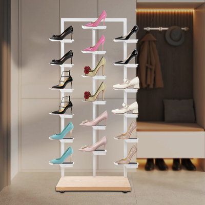 This exquisite three-column single-sided shoe rack features a modern minimalist design that harmoniously blends in with various styles. It is not only a practical storage solution, but also a stylish display rack to show your taste. It is suitable for displaying in shoe store boutiques, specialty stores, apparel company showrooms, and other stores to make your shoes more prominent and beautiful and increase your sales, or you can place it at home to display your collection of shoes. | George Oli Shoe Rack Display, Wood Organization, Modern Minimalist Design, Shoe Display, Practical Storage, Display Shelf, Display Rack, Shoe Store, Display Shelves