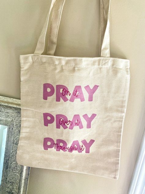 Jesus Tote Bag Painting Ideas, Pray On It Pray Over It Pray Through It, Bible Tote Bag Painting Ideas, Bible Bags Totes Diy Paint, Bible Bags Totes Diy, Tote Bag Painting Ideas Aesthetic, Bible Study Tote Bag, Jesus Merch, Jesus Tote Bag