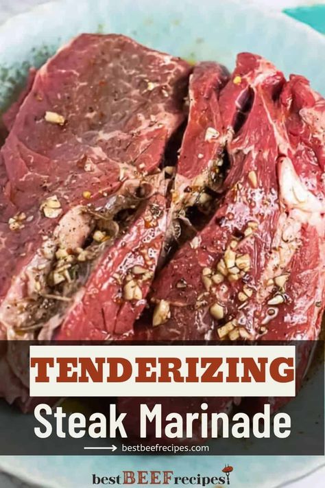 You'll never believe how tender and flavorful such an easy Steak Marinade Recipe can make even the cheapest cut of steak! Trust me, it's a game changer! via @bestbeefrecipes Steak Marinade With Baking Soda, Steak Tip Marinade Recipes, Beef Tenderizer Marinade, Best Steak Tenderizer Marinade, Marinade To Tenderize Steak, Chuck Mock Tender Steak Recipes, Chuck Roast Marinade Recipes, Tenderizing Marinade For Steak, Strip Loin Steak Marinade