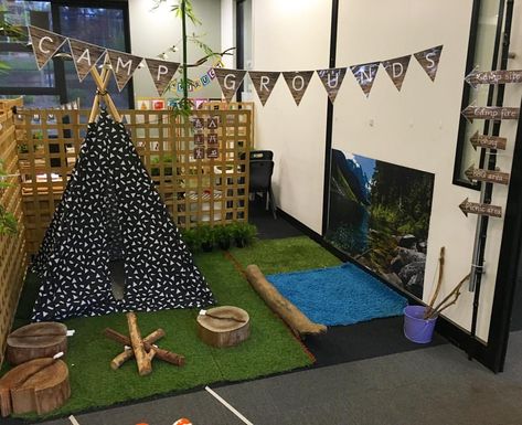 Our dramatic play area - Camping #dramaticplay #camping #tent #river #fishing #campfire #playintheearlyyears #learningthroughplay #developmentalplay Camping Role Play Eyfs, Campfire Dramatic Play, Camping Role Play Area, Camp Dramatic Play Preschool, Role Play Corner Ideas, Camping Role Play, Camping Playroom, Camping Dramatic Play, Camping Preschool