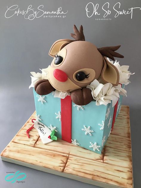 Rudolph Gift Box Cake! - cake by Cakes By Samantha (Greece) Winter Torte, Cake For Kids, Kids Holidays, Christmas Themed Cake, Gift Box Cakes, Gifts Boxes, Christmas Cake Designs, Fondant Wedding Cakes, Cake Gift