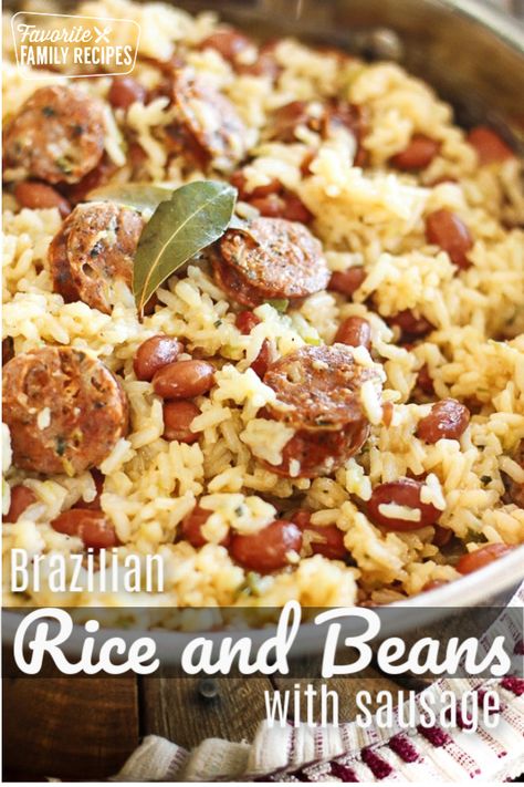 Brazilian Rice and Beans with Sausage is a simple to make recipe that is bursting with savory flavor! A one dish meal ready in less than 30 minutes! #Brazilianfood #Brazilianbeansandricewithsausage #beansandrice  #Braziliansidedish #FavoriteFamilyRecipes Brazilian Rice, Brazilian Beans, Rice With Sausage, Sausage Rice, Brazilian Dishes, Outback Steakhouse, Rice And Beans, Beans And Rice, Rice Dish