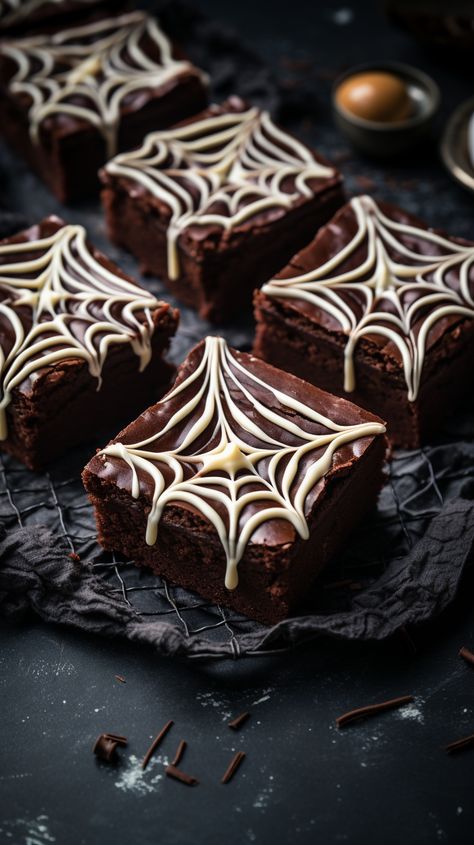 Halloween Frosted Brownies, Halloween Theme Baked Goods, Spooky Season Desserts, Gothic Baked Goods, Halloween Spooky Desserts, Halloween Brownie Decorations, Halloween Themed Brownies, Brownie Halloween Treats, Witch Themed Snacks