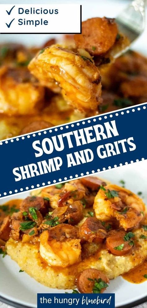 Sausage And Grits Recipe, Southern Comfort Food Dinners, Creamy Cheesy Grits, Easy Shrimp And Grits, Southern Shrimp And Grits, Cajun Shrimp And Grits, Shrimp N Grits Recipe, Southern Cooking Recipes, Southern Comfort Food