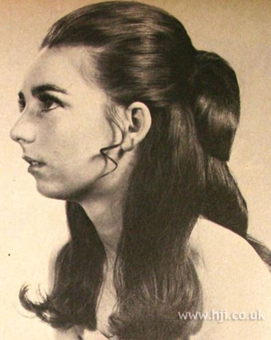 Medium/Long Hair - Partial Updo, Small Poof on Top w/ Curled Sideburns & Curled ends 1960s Hairstyles For Long Hair, 1960s Ponytail, 1960’s Hair, 1960's Hairstyles, 1960 Hairstyles, 1960 Hair, 1960s Hair, 1950s Hairstyles, 50s Hairstyles