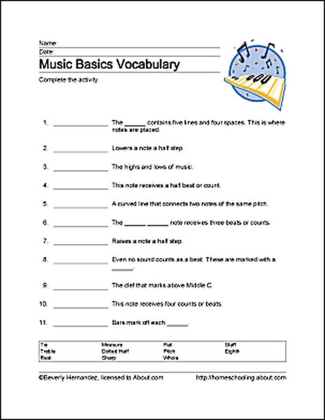 Learn Basic Musical Terms with These 10 Printouts: Music Basics Vocabulary Basic Music Theory Worksheets, Music Vocabulary, Basic Music Theory, Music Basics, Music Terms, Music Theory Worksheets, Only Music, Middle School Music, Music Curriculum