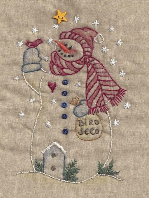 CK09T Snowman With Bird Seed - 724696463085 Christmas Hand Embroidery, Snowman Embroidery, Merry Chistmas, Primitive Stitchery, Snowman Quilt, Wool Applique Patterns, Tree Snowman, Christmas Embroidery Patterns, Christmas Embroidery Designs