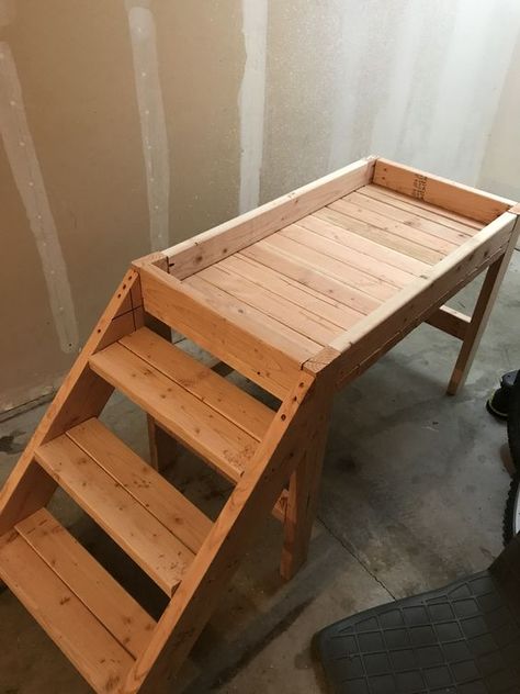 Dog Bed Nook, Side Bed For Dogs, Steps For Small Dogs, Wood Dog Stairs For Bed, Doggie Window Seat, End Of Bed Dog Stairs, Dog Window Seat Behind Couch, Dog Window Perch Diy, Dog Bed Bench Ideas