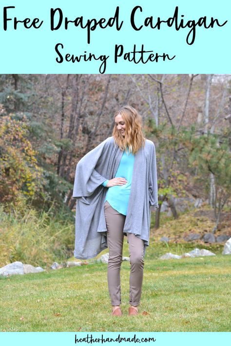 Free Draped Cardigan Sewing Pattern • Heather Handmade Cardigan Sewing Pattern, Sew Tutorials, Cardigan Tutorial, Circle Skirt Tutorial, Women Sewing, Draped Cardigan, Drape Pants, Diy Sweater, Warm Cardigan