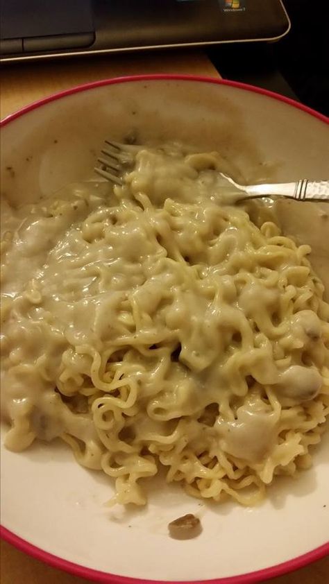 Cream of Mushroom and Top Ramen Cream Of Chicken Ramen Noodles, Ramen Noodle Recipes Cream Of Mushroom, Ramen Noodles With Cream Of Mushroom, Ramen With Mushroom Soup, Ramen And Cream Of Mushroom Soup, Cream Of Mushroom Soup Ramen, Cream Of Mushroom Ramen Noodles, Cream Of Mushroom Ramen, Ramen With Cream Of Mushroom