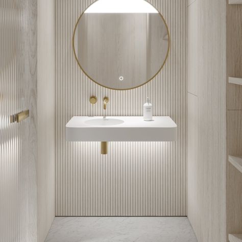 Ribbed Tile, White Bathroom Ideas, Wall Hung Sink, Wall Hung Basin, Wall Mounted Taps, Downstairs Toilet, Stone Bathroom, Small Toilet, Stone Basin