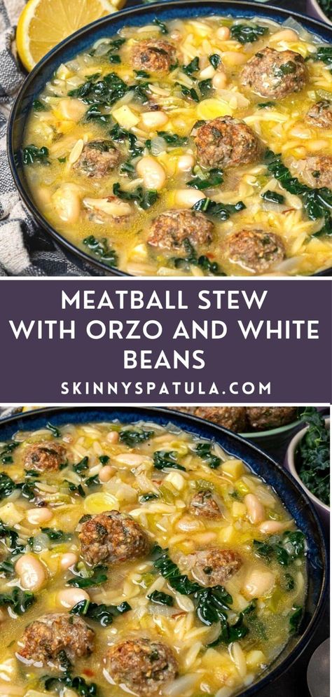 Meatball Stew With Orzo, Orzo White Bean Soup, Meatball And Bean Soup, Soup Recipes With Ditalini, Meatball Stew With Orzo And White Beans, White Bean And Orzo Soup, Best Meatball Soup Recipe, Healthy Meatball Soup, Healthy Soups And Stews Crock Pot