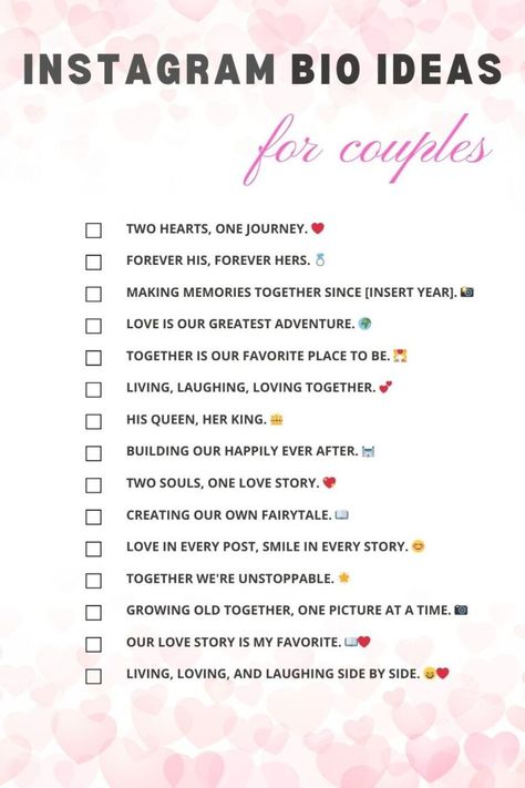 Printable List Of Instagram Bio Ideas For Couples Relationship Status In Instagram Bio, Insta Id Names For Couples, Bio For Instagram Couple Profile, Couple Ig Bio Ideas, Instagram Bio Ideas For Love, In Love Bio Ideas, Private Relationship Bio Ideas, Romantic Bio Ideas, Instagram Couple Bio Ideas