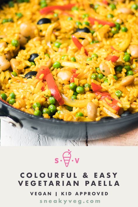 A delicious easy vegetarian paella recipe. This colourful dish is easily adapted to include whichever vegetables you love. Suitable for vegans. #paella #vegetarian #vegan #vegetable #veganpaella #vegetarianpaella #vegandinner #meatfree #meatless Veggie Paella Recipe, Veg Paella Recipe, Vegan Paella Recipe, Paella Recipe Vegetarian, Vegetarian Paella Recipe, Paella Vegetarian, Colourful Recipes, Vegetable Paella Recipe, Veggie Paella