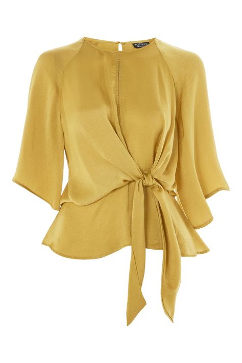 PETITE Hammered Satin Knot Top - Shirts & Blouses - Clothing - Topshop USA Satin Top Design, Long Sleeve Blouse Outfit, Women Tops Design, Satin Tops, Mustard Top, Knot Front Top, Knotted Top, Knot Top, Petite Blouses