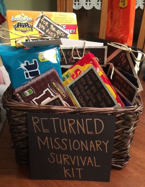 Missionary Survival Kit, Missionary Homecoming Signs, Mission Homecoming, Welcome Home Basket, Missionary Homecoming, Homecoming Signs, Best Gift For Sister, Missionary Care Packages, Welcome Home Parties