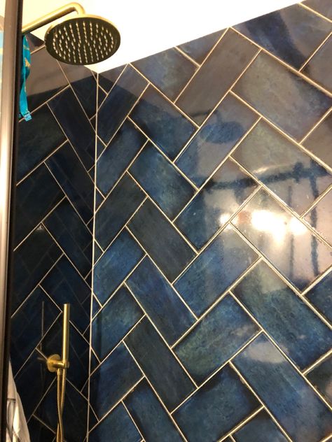 Blue Tile With Gold Grout, Blue Tile Gold Grout, Dark Blue And White Bathroom Ideas, Navy And Gold Master Bath, Shower Tile Black Hardware, Blue Brass Bathroom, Navy Tile Shower Ideas, Navy And Gold Bathroom Ideas, Navy Blue And Gold Bathroom Ideas