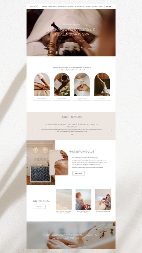 Massage and Healing arts spa website design inspiration on Squarespace - Self Care minimal asethetic design wows clients and helps them feel calm and comfortable while booking their next appointment to grow your wellness business! Wellness Landing Page, Med Spa Website Design, Massage Therapy Website Design, Calming Website Design, Massage Website Design Inspiration, Spa Web Design, Calm Website Design, Healing Website Design, Elegant Website Design Inspiration