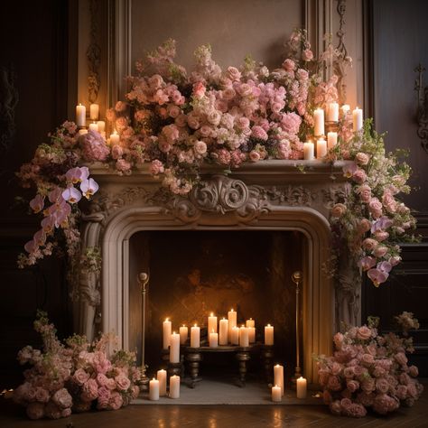 Flowers In Fireplace, Floral Fireplace Decor, Flowers On Fireplace, Candles In Fireplace Ideas, Victorian Homes Aesthetic, Flower Fireplace, Fancy Fireplace, Floral Fireplace, Fireplace Flowers