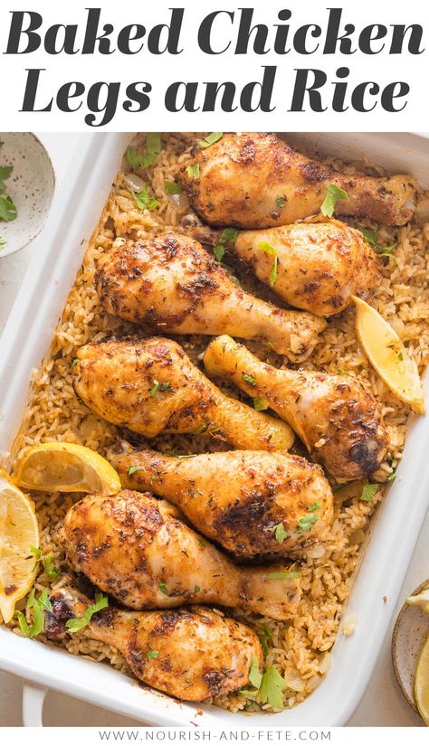 This easy recipe for Oven Baked Chicken Legs and Rice is loaded with flavor and perfect for a cozy supper. It uses simple, real food ingredients, requires just 10 minutes of prep, and cooks away in the oven while you enjoy your day. Baked Drumsticks And Rice, Chicken Legs In The Oven With Rice, Chicken Legs In The Crockpot Recipes, Chicken Drumsticks Oven Recipes, Easy Chicken Leg Dinner Recipes, Breaded Chicken Drumstick Recipes Oven Baked, Drumstick Chicken Recipes With Rice, Chicken Leg Rice Bake, Baked Chicken Over Rice Recipes