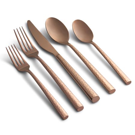 Toya Hammered Copper Mirror is a thick, forged 18/0 stainless steel 20-Piece Flatware Set, Service for 4 will complete your table with the timeless style of this Mirror flatware set. Dishwasher safe and contains four 5 piece place settings. Color: Bronze. Copper Cutlery, Copper Flatware, Gold Cutlery Set, Copper Mirror, Gold Cutlery, Aged Copper, Stainless Steel Flatware, Gold Table, Hammered Copper