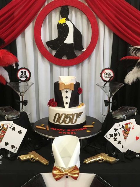 0050 James Bond Party, Bond Theme Party Ideas, Double 007 Theme Party, James Bond Birthday Party Ideas, James Bond Theme Birthday Party, James Bond 50th Birthday Party, James Bond Cake Ideas, James Bond 40th Birthday Party, Tuxedo Theme Birthday Party