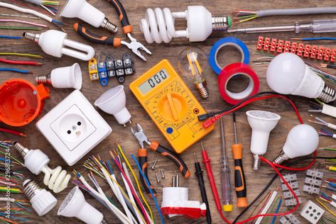 Stock Image: Electrician equipment on wooden background,  top view Electrical Installation, Wooden Background, Electrical Equipment, Top View, Phone Wallpaper, Stock Images, Stock Photos, Electronic Products