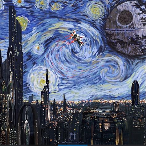 this!Starry Wars night #vangogh style #xwing #deathstar #starrynight #art Star Wars Art Diy, Star Wars Art Painting, Desenhos Van Gogh, Star Wars Art Drawings, Star Wars Painting, Arte Nerd, Cuadros Star Wars, A Starry Night, Star Wars Costumes