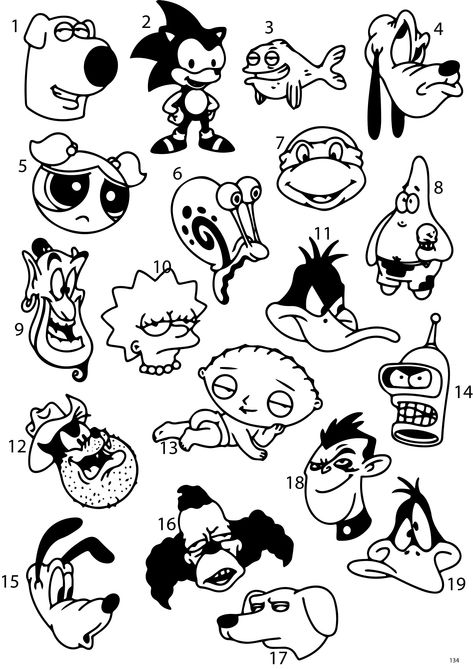 90s Tattoo Flash Sheet, Emo Flash Tattoo, Fun Flash Tattoo, Flash Tattoo Lettering, Simpsons Flash Tattoo, Simple Tattoo Flash Sheet, 90s Cartoon Tattoos Ideas, Cartoon Art Tattoo, 90s Cartoon Tattoo Designs