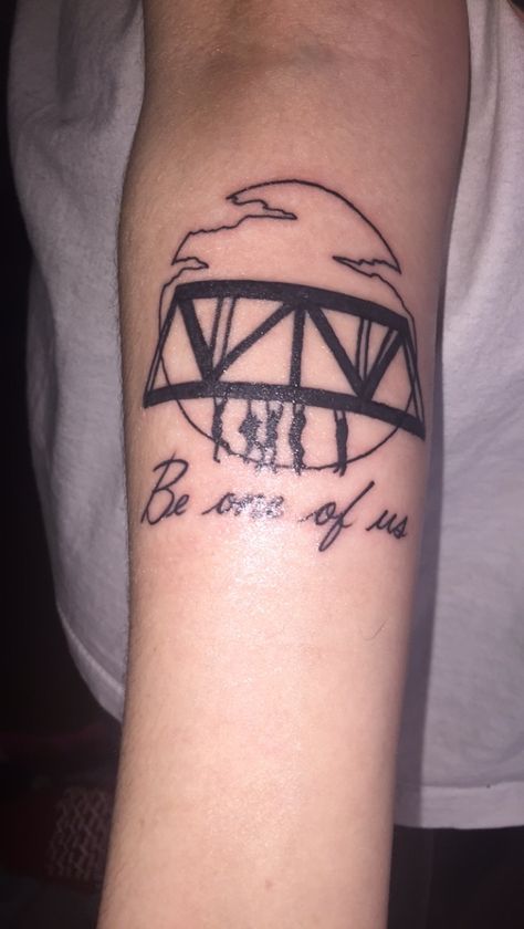 This one is actually inspired by a post I saw on here, the bridge is the same but I had the writing added. The Lost Boys is one of my all time favourite films and my dad’s so I got this for him 🖤🥡 #thelostboystattoo Lost Boys Tattoo Vampire, The Lost Boys Tattoo Ideas, Movie Inspired Tattoos, Lost Boys Tattoo, Boys Tattoo, Headdress Tattoo, Vampire Tattoo, Punk Jacket, Bts Tattoos