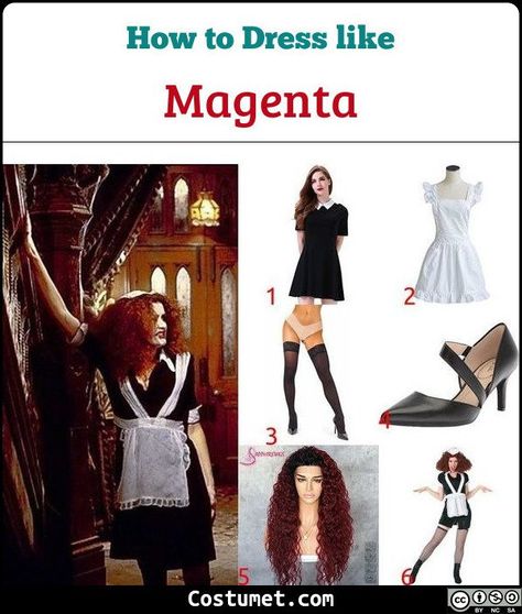 For this article, the characters discussed are Magenta, Riff Raff, and Columbia. Magenta wears a maid’s costume and Columbia resembles a show girl. Both Magenta and Riff Raff have the gothic look going for them.             #TheRockyHorrorPictureShow #male #movies #female #goth #old #redhead #creepy #TheRockyHorrorPictureShow #transgender Magenta Rocky Horror Outfit, Riff Raff And Magenta Costume, Magenta And Riff Raff Rocky Horror, Rocky Horror Party Guest Costume, Frank N Furter Inspired Outfit, Diy Rocky Horror Costume Ideas, Rocky Horror Picture Show Costume Diy, Horror Movie Inspired Outfits, Magenta Costume Rocky Horror