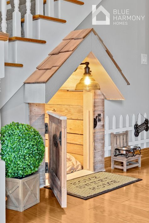 Being "in the doghouse" has a whole 'nother meaning in this home! 🐾 We installed a dog house complete with electricity and a working doorbell under the stairs of this Hartford home. 📷: @JamesMeyerPhoto For this project, we worked with K Architectural Design and re•de•sign. #BlueHarmonyHomes #DogHouse #UnderTheStairs #InteriorRemodeling #InteriorDesign Staircase Dog House Under Stairs, Under Stairs Dog House Ideas, Dog House Under The Stairs, Under Stair Dog Space, Under Stair Doghouse, Under The Stairs Dog House, Dog House Under Stairs, Dog Room Under The Stairs, Stairs Dog House