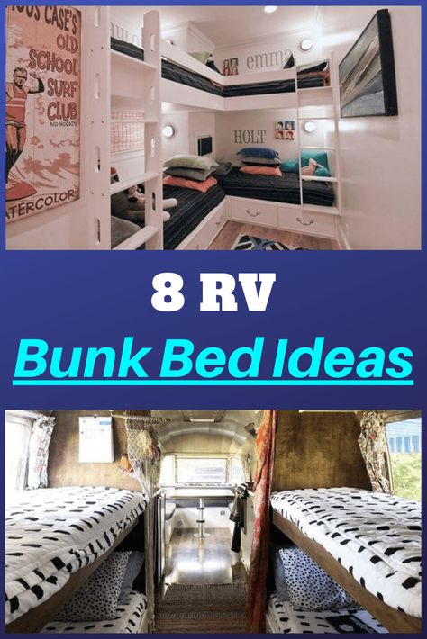 8 RV Bunk Bed Ideas Pinterest 2 Camper With Bunk Beds, Tiny Home Bunk Bed Ideas, Diy Bunk Beds In Camper, Skoolie Bed Ideas, Rv Bunk Room Makeover, Motorhome Bunk Bed Ideas, Caravan Bedding Ideas, Rv Bunkhouse Ideas, Trailer Bunk Bed Remodel